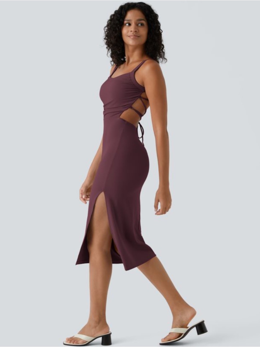 Halara Fig Ruched Lace Up Bodycon Midi Casual Dress Size Small